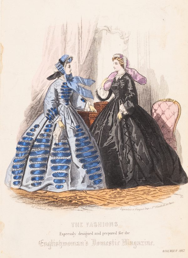 Fashion Print, two women standing; woman on left with blue dress holding a white cloth in right hand, woman on right with black dress.