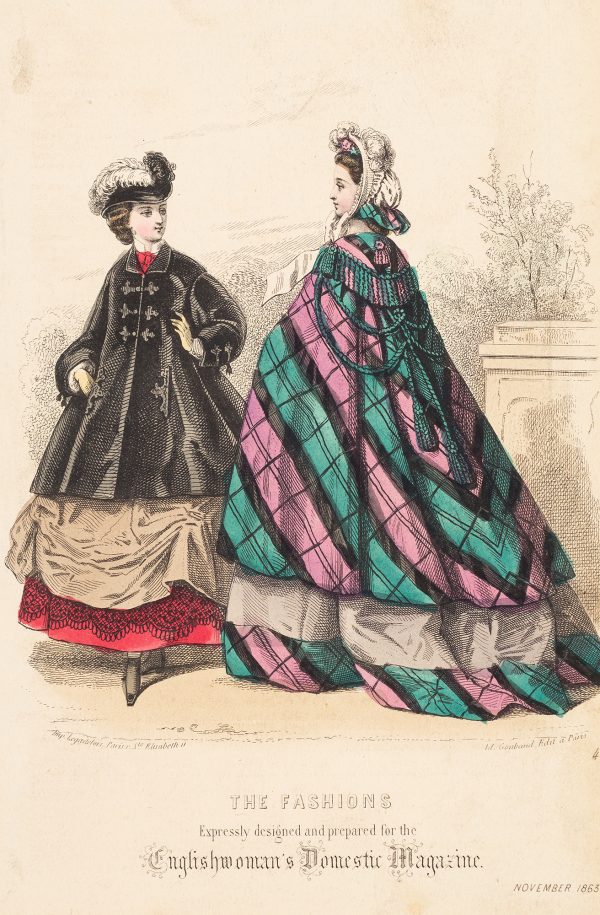 Fashion Print, two women standing; woman on left with black, grey and red dress, woman on right with pink and green dress.