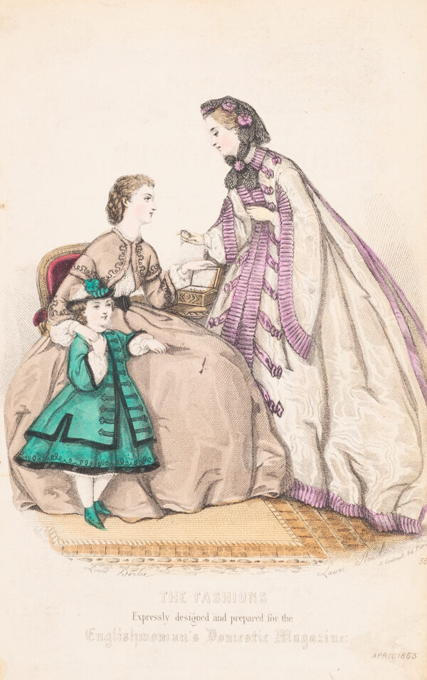 Fashion Print, three figures: child on left standing with green dress, woman seated in center with brown dress, and woman on right standing with white and violet dress.