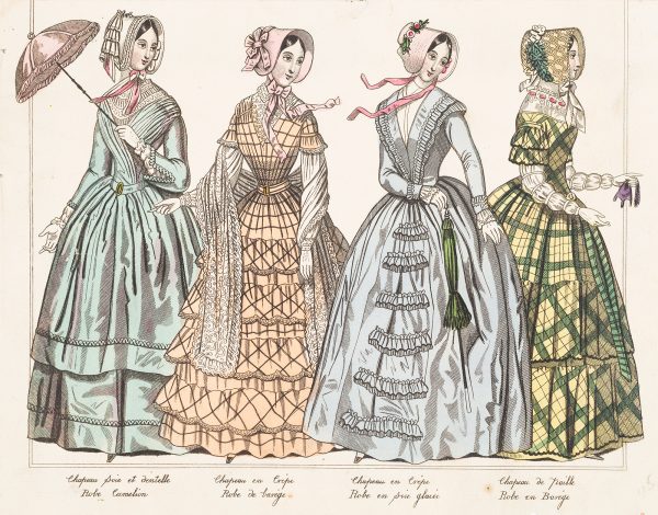 Fashion Print, four women standing: woman on left in cobalt-teal dress holding an opened pink umbrella, woman second from left in an orange dress, woman third from the left in blue dress and woman on the right with yellow and green dress.