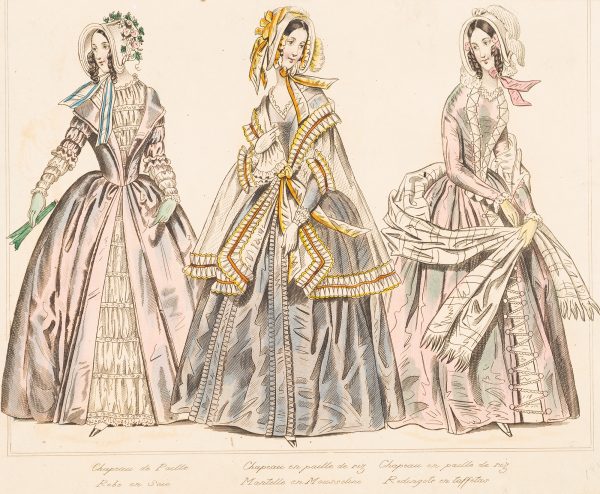Fashion Print, three women standing: woman on left with pink dress holding a green fan, woman in center with blue dress, and woman on right standing with white and pink dress.