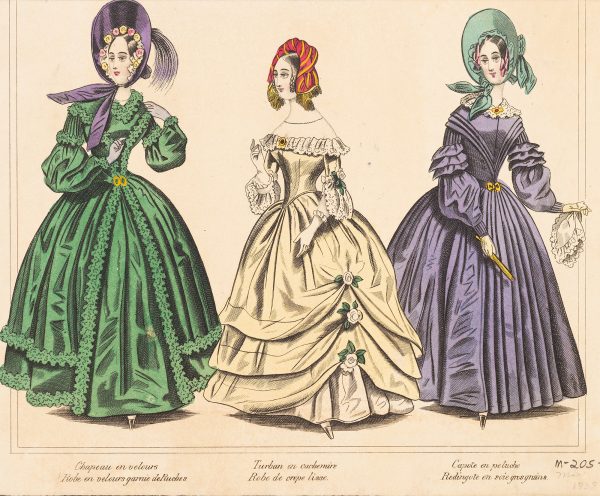 Fashion Print, three women standing: woman on left with greeen dress, woman in center with pale-yellow dress, and woman on right with violet dress hold white cloth in left hand.
