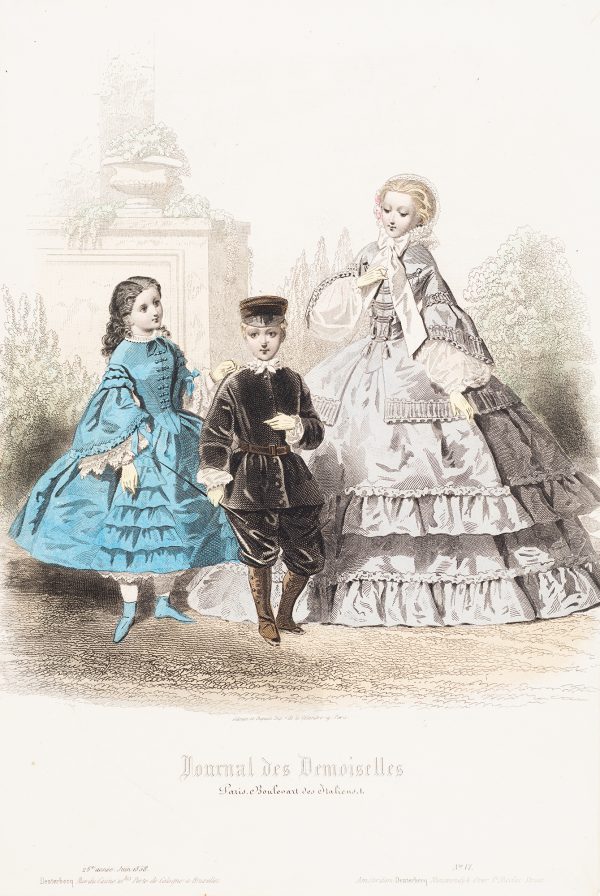 Fashion Print, three standing figures: on left is child in blue dress, center is child in black attire and on the right is woman in gray dress.