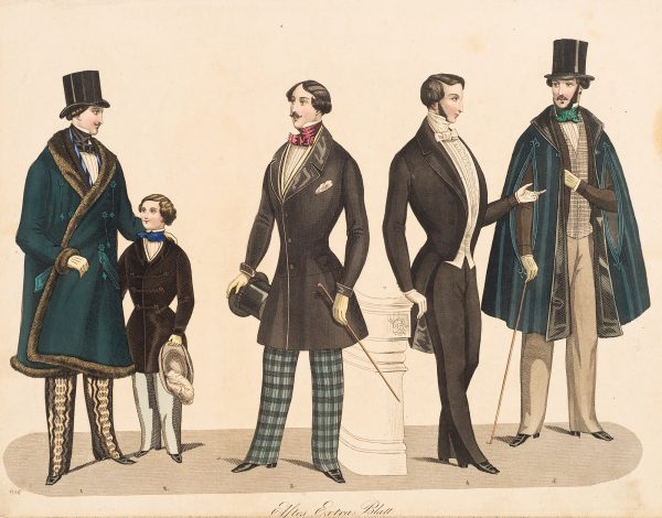 Fashion Print, five standing figures. On the left, man in blue coat, second from left is chld in black coat and pale blue pants. Third from left (center figure) wearing blue striped pants and holding a black hat and cane. The figure second from the right is wearing black pants and black coat, no hat. The figure on the right is wearing a black hat, a blue over coat and gray pants.