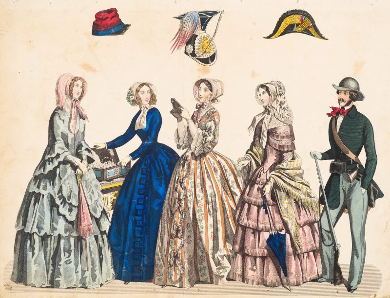 Fashion Print, five standing figures and three hats centrally arranged above the figures. Woman on left in pale blue dress holding pink scarf. Woman second from left is in ultramarine blue dress holding open a jewlery box. The woman second from left (center figure) is in a white and orange striped dress. The woman second from right is wearing a pink dress holding a blue umbrella. The man on the far right is wearing a green coat, pale blue trousers and is holding a rifle. The hats above are red, blue and black on the left; the hat in the center is black with blue, red and wite feathers and the hat on the right black and yellow.