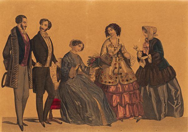 Fashion Print, five figures. The man on the far left is wearing a gray overcoat, pink shirt and gray pants. The man second from left is wearing a black coat and black pants. The woman third from left (center figure) is seated and wearing a blue dress. The woman second from right is wearing a white and pink dress. The woman on far right is wearing a black coat and a blue dress.