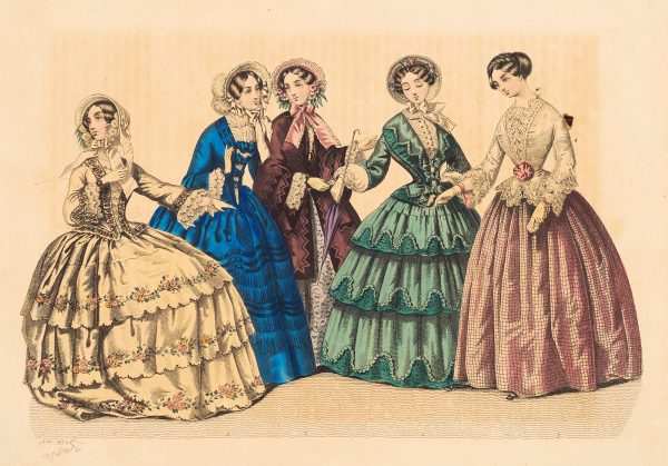 Fashion print, five standing female figures. The woman on the left is wearing a yellow dress with pink flowers. The woman second from the left is wearing an ultramarine blue dress. The woman third from the left (center figure) is wearing a dark-crimson overcoat amd a pale blue dress. The woman second from the right is wearing a green dress and holding a closed, violet umbrella. The woman on the right is wearing a pink and white dress.