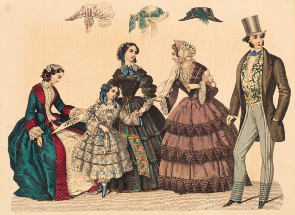 Fashion print, grouping of five figures and three hats centrally-arranged above the figures. The woman on the far left is seated wearing a blue, red and white dress and is holding a print depicting flowers. The child figure second from left is standing and wearing a white and blue dress. The woman third from the left (central figure) is wearing a black dress. The woman second from the right is wearing a violet dress. The male figure on the far right is wearing a gray hat, black coat and pale-blue trousers. The three hats above are white and pink on the left; white and blue in the center and black and blue on the right.