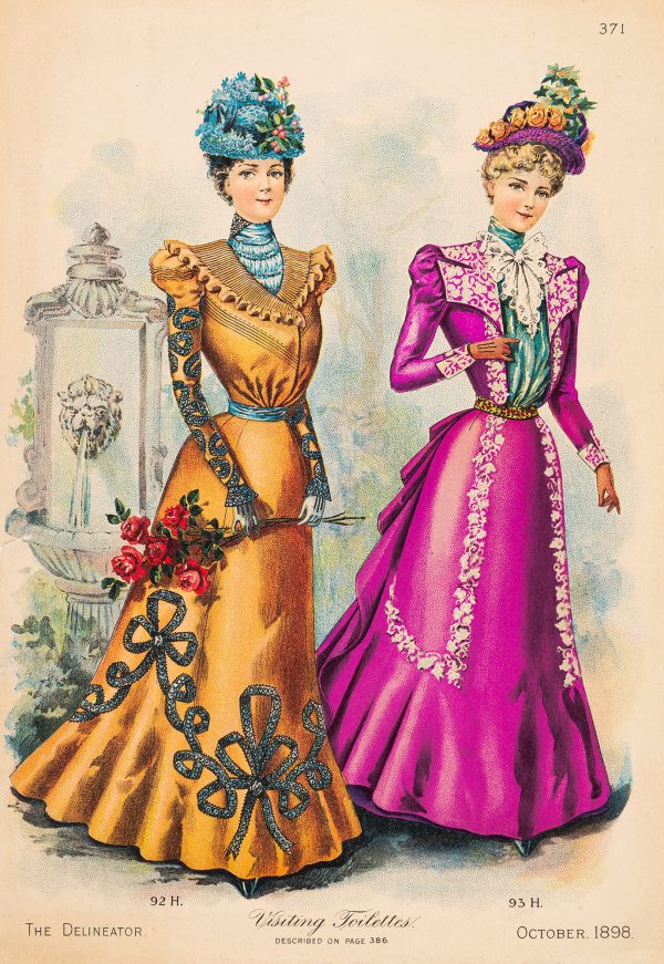 Fashion print, two women standing. The woman on the left is weraing a blue hat, an orange dress and is holding five, long stemmed roses. The woman on the right is wearing a magenta colored hat and dress.