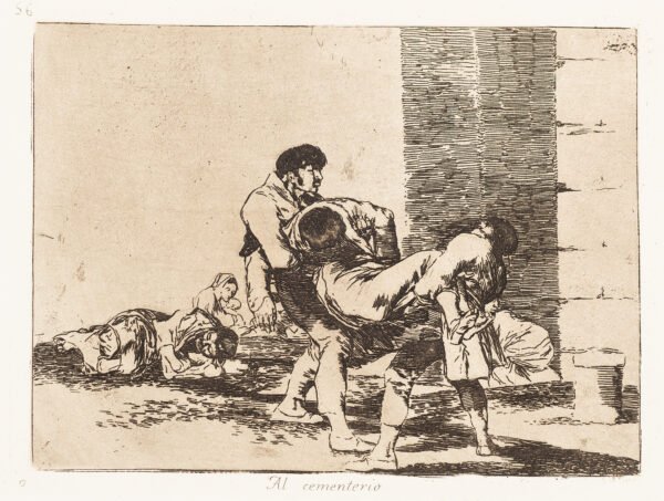 Two men carry a wounded man in front of a stone building.