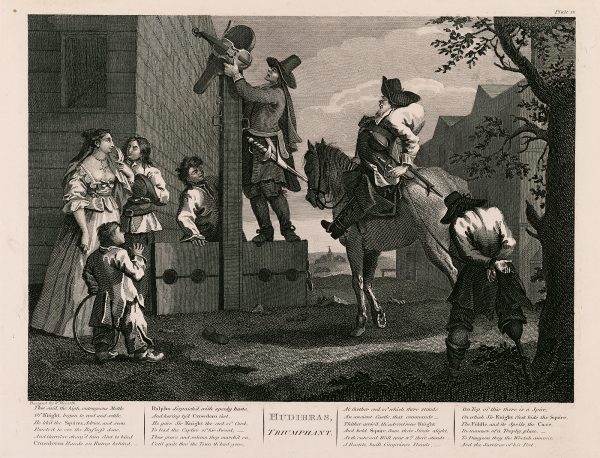 A man puts a violin on the vertical pole of a stock. At right, a peg-legged man with bound hands is being led by a man on a horse toward the stocks.