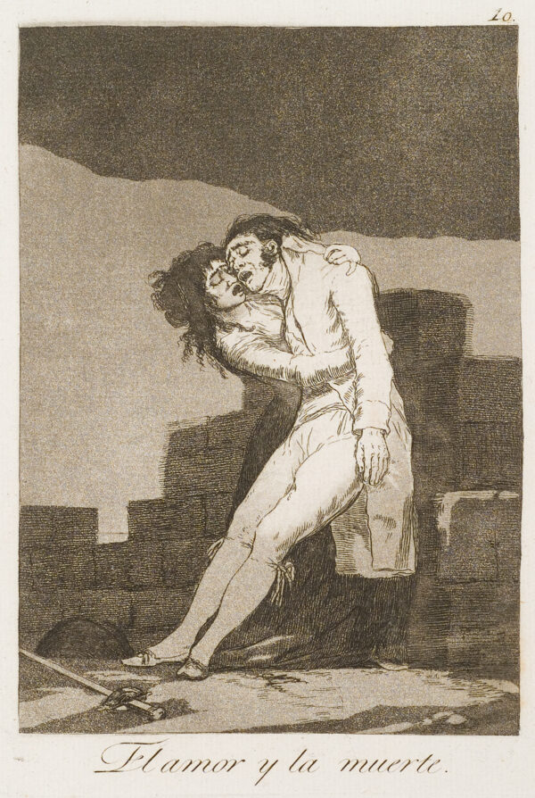 A distressed woman holds a dying man.