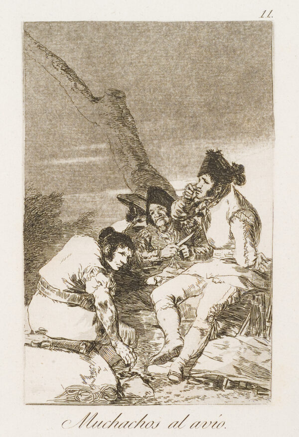 A woman sits outside with two soldiers.