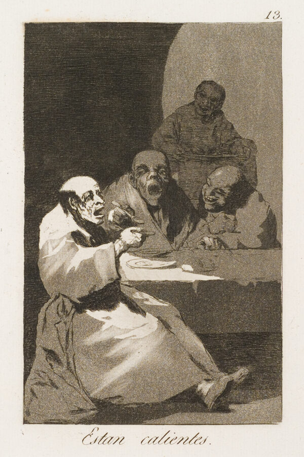 A man eats while three men behind him in the shadows warn that 