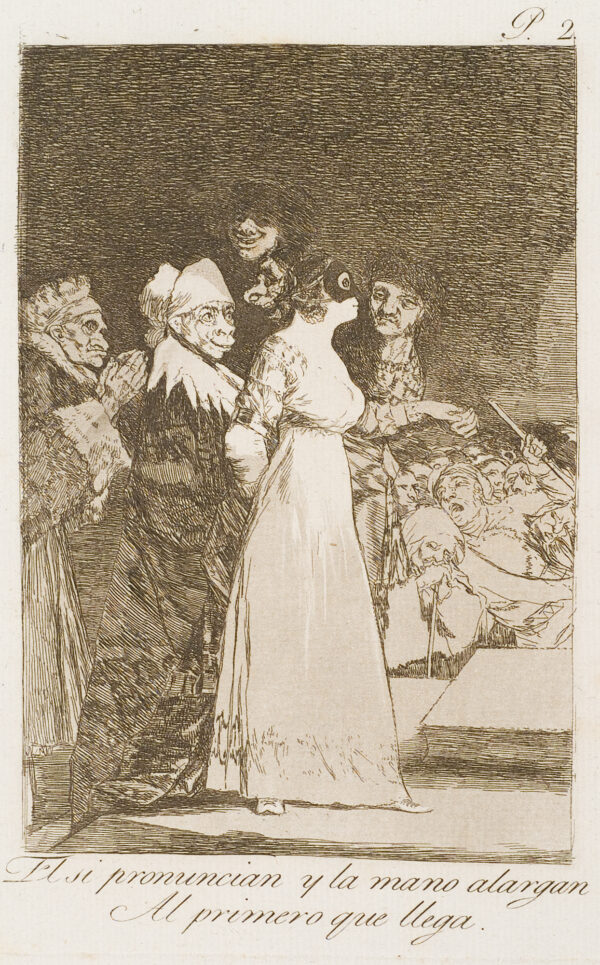 A woman in a white gown, at center wears a mask
