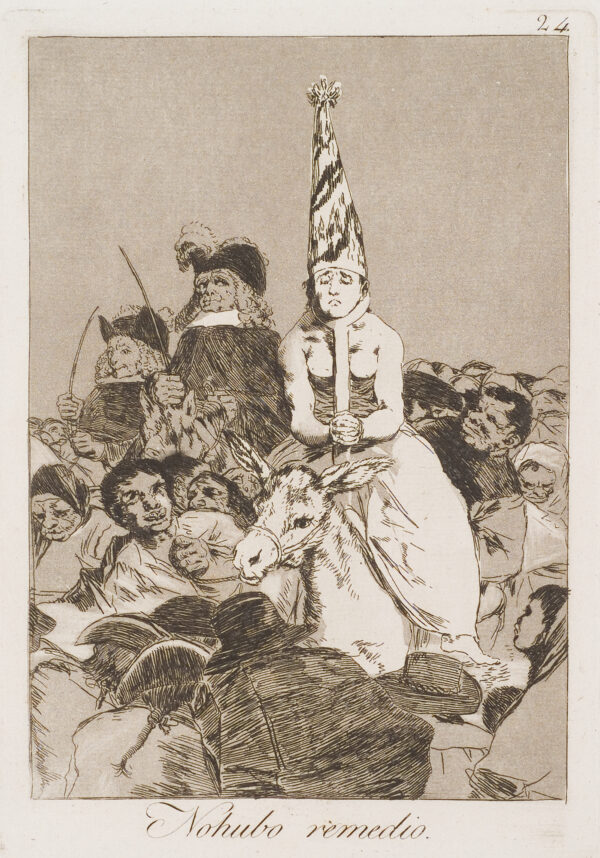 A woman, nude to the waist rides a donkey in a crowd. She wears an inquisition hat and her hands are bound, forcing her to hold a y-shaped stick under her chin.