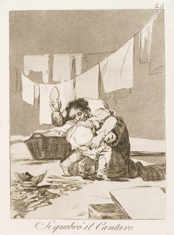 A washerwoman paddles the bare behind of a child who broke a pitcher.