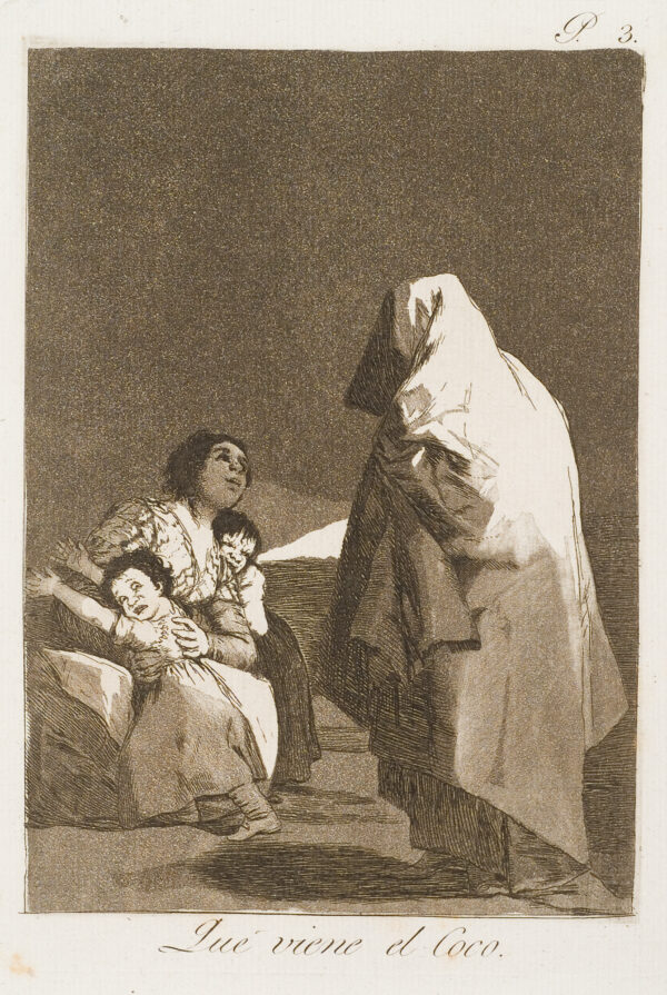 A draped figure approaches a seated woman with two children.