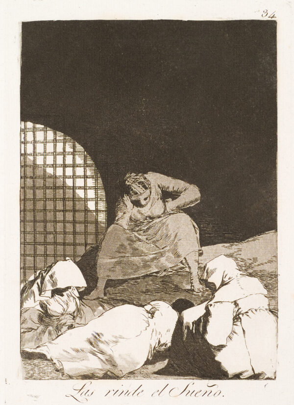 Three women in white lay alseep in front of another who sits before a barred window.