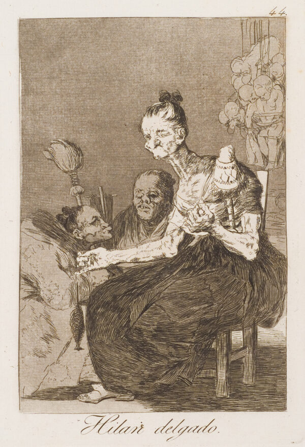 An old woman spins flax with two others behind her.