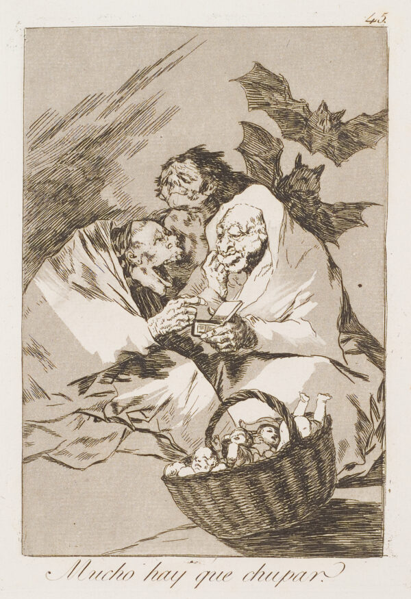 Three old women are behind a basket full of babies.