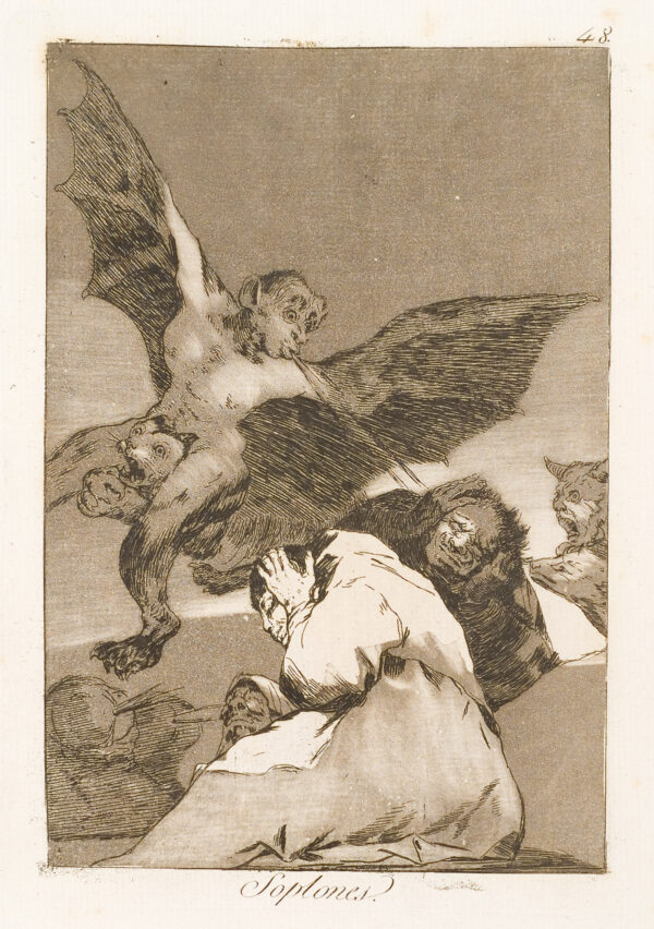 A winged creature blows wind toward several men as wolves and other creatures surround them.