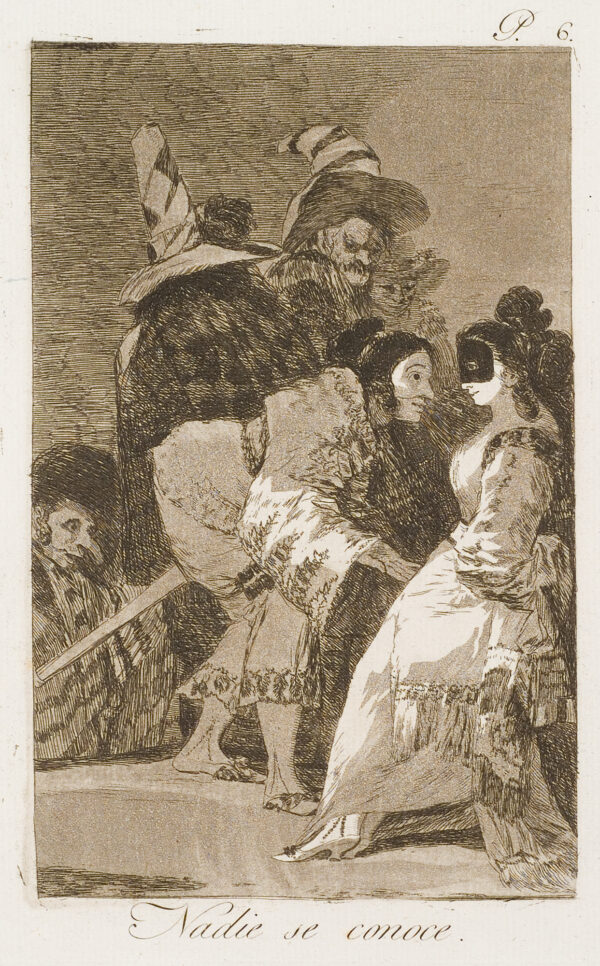 A woman at a masked ball smiles at the unmasked figure in front of her.