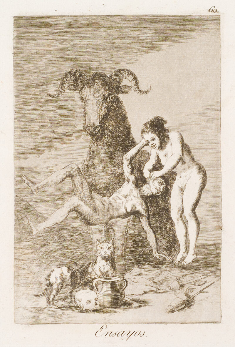 A naked figure at center is horizontal on a tree stump. A naked female at right smiles as she twists the head. A large horned beast is behind and two cats, a skull and pot are in front.