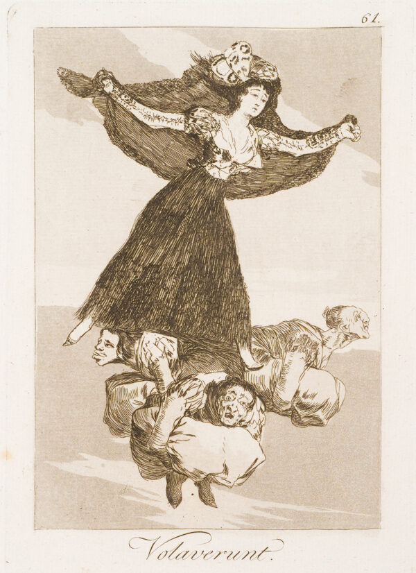 A group of witches serve as pedestal for a fashionable lady as they fly through the air.