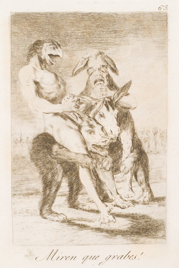 A man with talons and bird-like face and a man with donkey ears ride small creatures who have donkey heads and bear-like hairy body's.