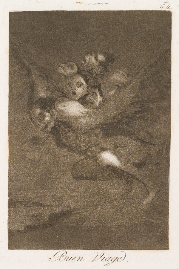 A night scene of a man like creature with wings. As he flies he carries four more creatures on his back.
