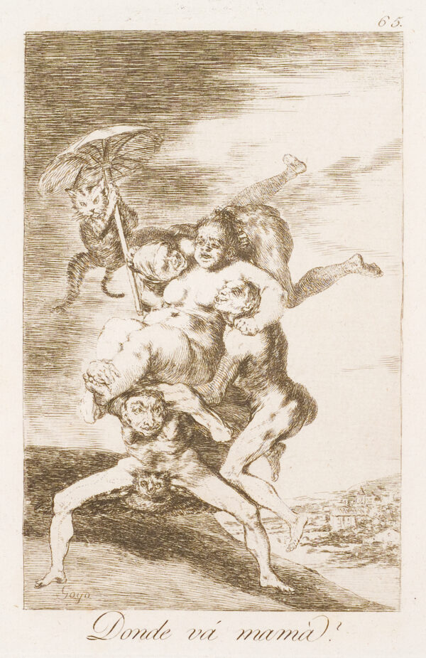 A rather over weight naked woman is being carried by an assortment of figures including an owl and a cat with umbrella.