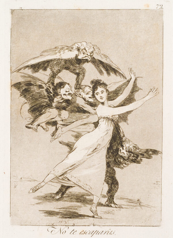 A woman dances with assorted winged creatures, one with a human face, others with bird-like faces but human legs.