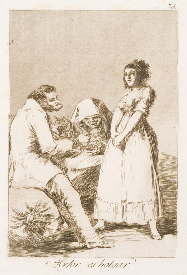 A young girl faces a man, sitting on a bundle, with an old woman between them.
