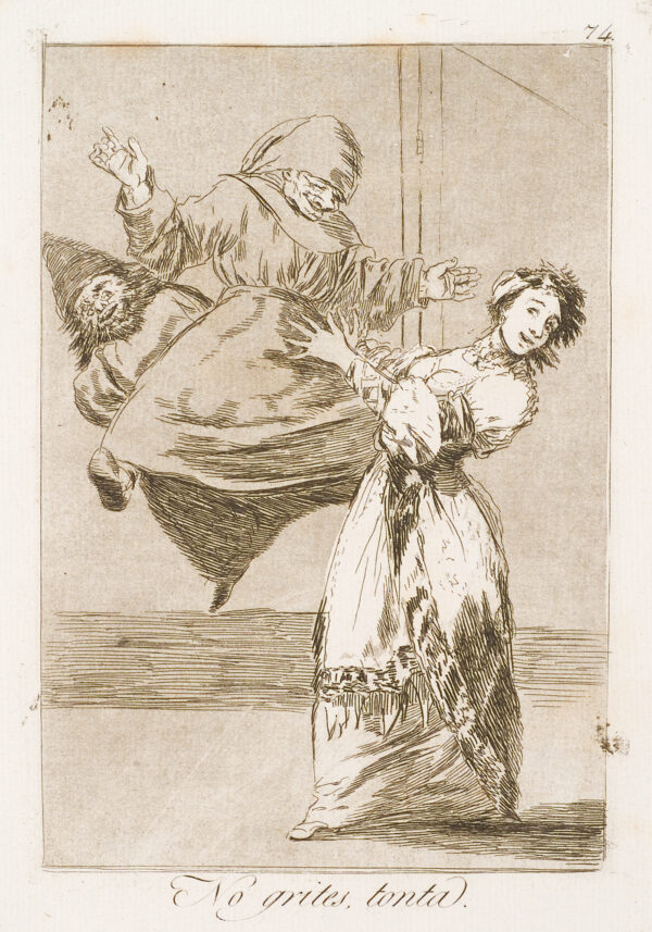 A woman is frightened by two flying figures.