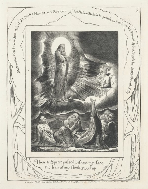 Eliphaz kneels in front of Job and others. Above is his vision of a standing man with a bright light emitting toward a man in bed.