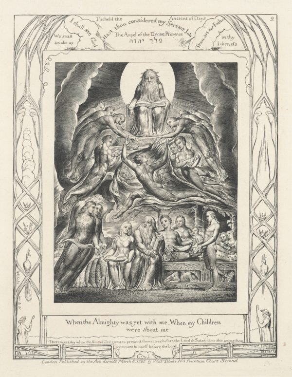 God is seated at the top of the composition. Figures swril below with satan at the center. Job and his family are at the bottom.