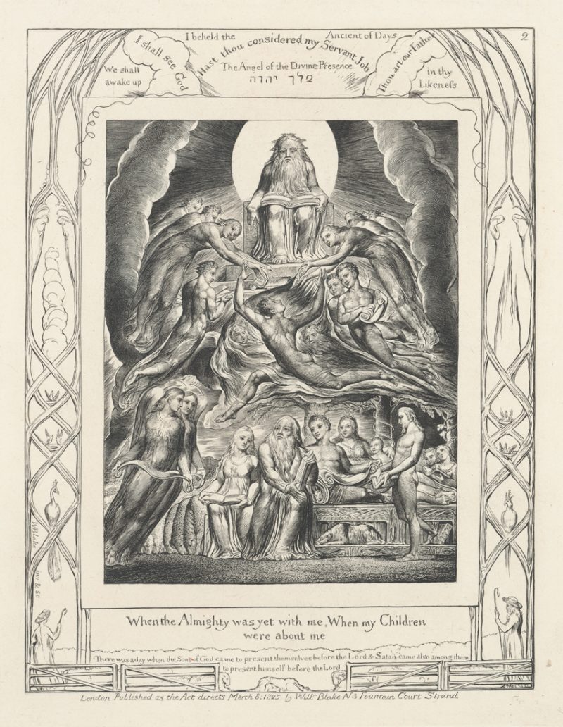 God is seated at the top of the composition. Figures swril below with satan at the center. Job and his family are at the bottom.
