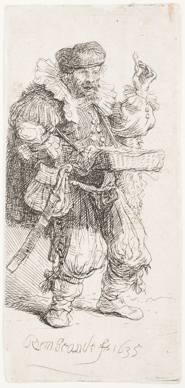 A quacksalver is a quack or charlatan. A man is clothed in a hat, cape, boots, lace collar and cuffs. He also carried a large bag, a short sword, a basket hangs from his neck and he is holding up something in his left hand.