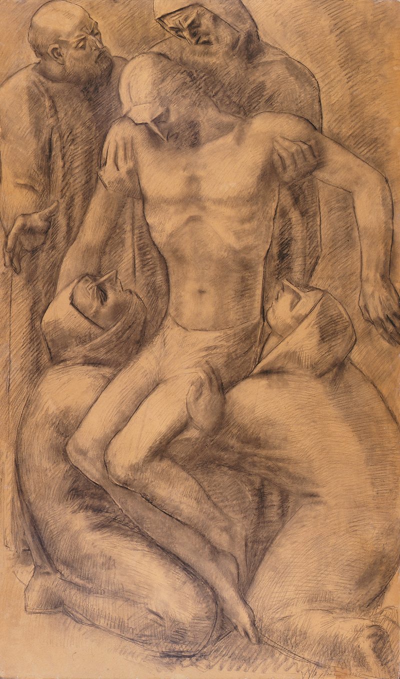 A group of four figures hold Christ after removal from the cross. This is a preparatory drawing for a Carrara marble Pieta, 1946, now in Catholic University of Notre Dame, South bend, Indiana placed in the university's Basilca of the Sacred Heart.