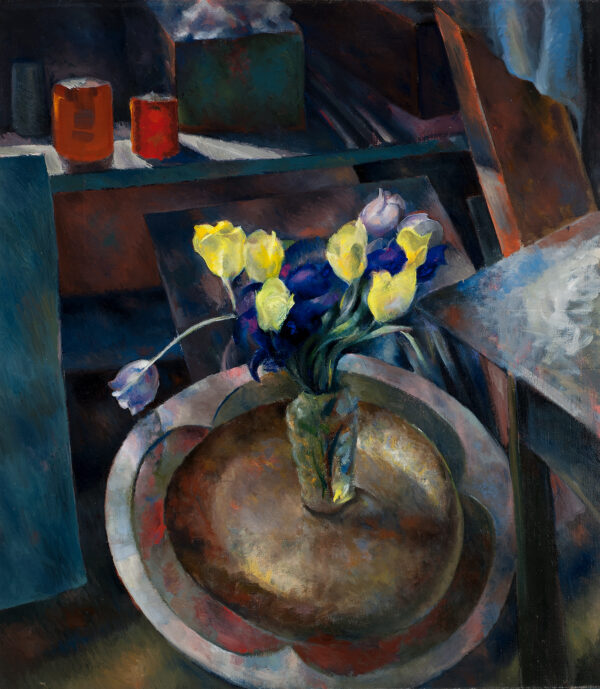 A still life of yellow and blue flowers in a vase on a tray. The tray in the painting was made by his wife, Faye Davison