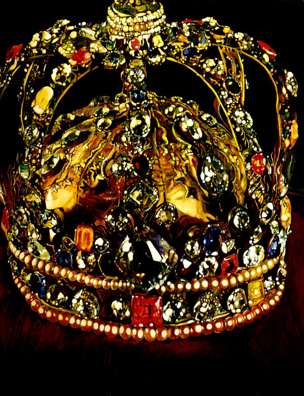 A jeweled crown on a red background.