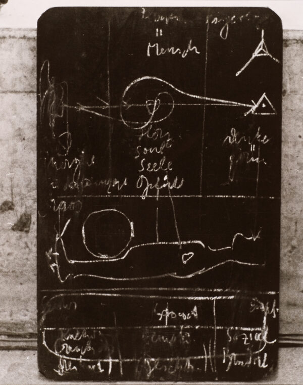 Chalkboard with drawing of human figure. Still photograph from a performance piece which took place in Basel, Switzerland in 1971.