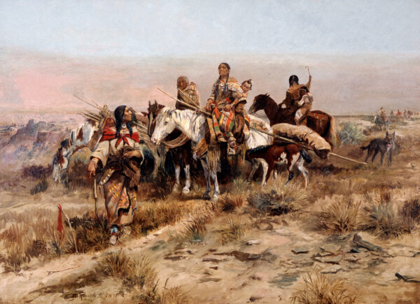 A group of Indians on horses in a desert landscape with clouds at the horizon.