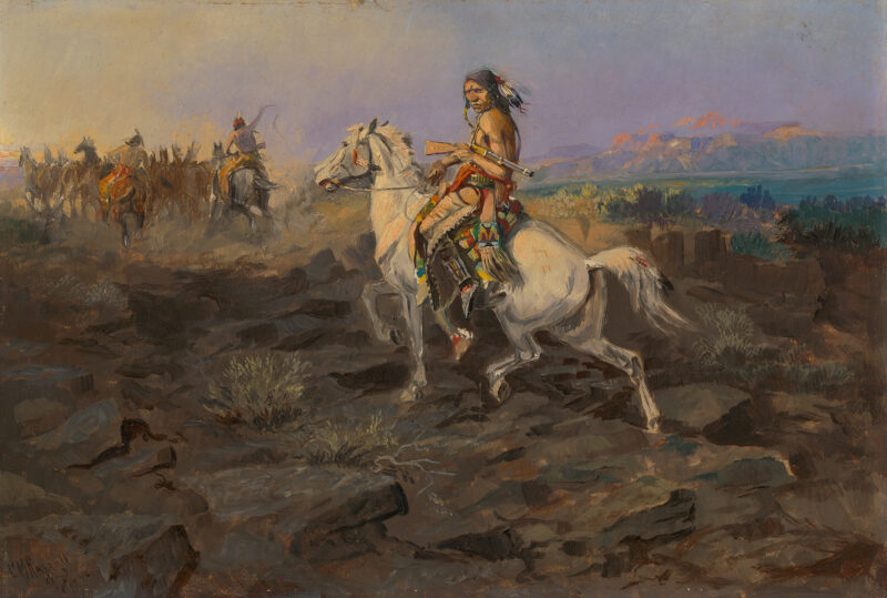 An Indian on a white horse is at the center with more in the distance.