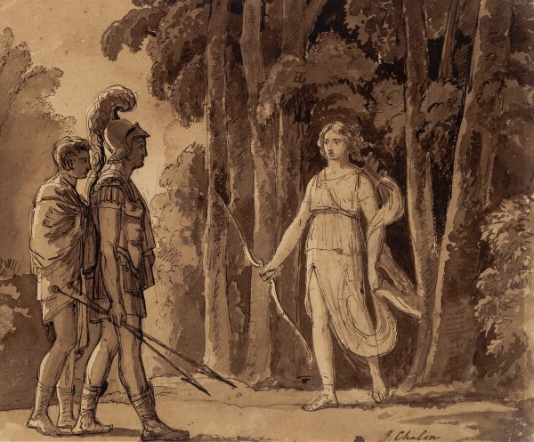 Diana stands with bow at the edge of a woods meeting two hunters with arrows.