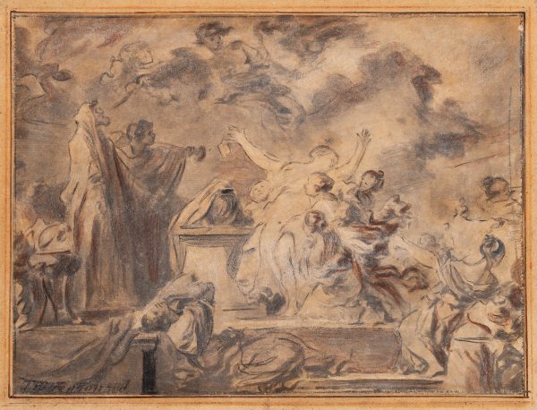 This painting was based upon an earlier composition of Honoré Fragonard, Theophile's noted grandfather. At the center a woman throws up her hands as she is about to sacrificed on the altar in front of a crowd to the half-human/bull Miontaur
