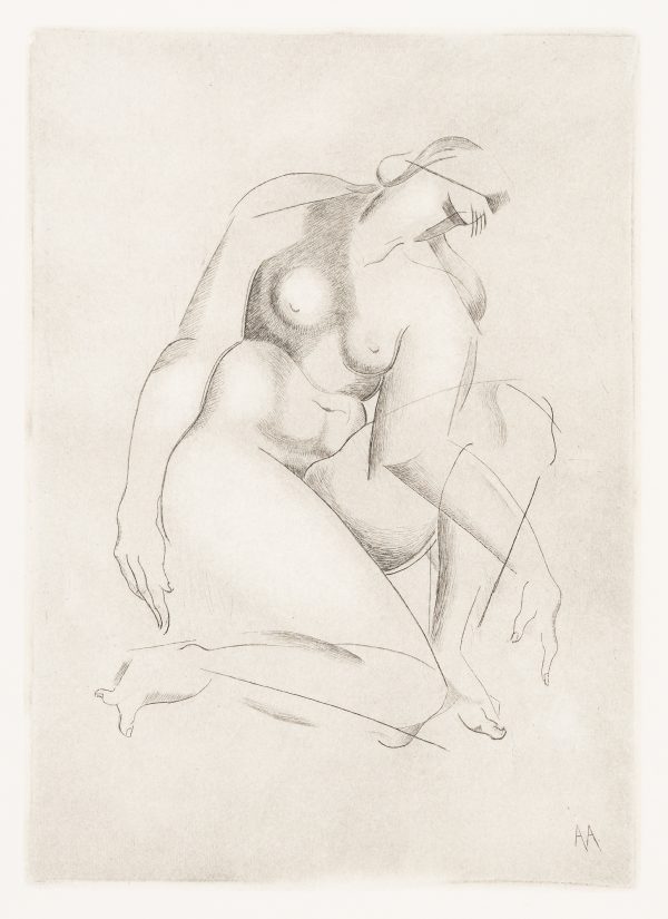 An abstracted nude female crouches with left elbow in front of her raised left knee.