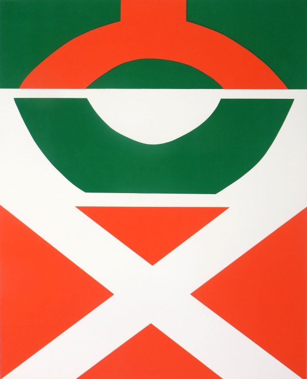 Abstract shape in green and orange. The lower half forms an 
