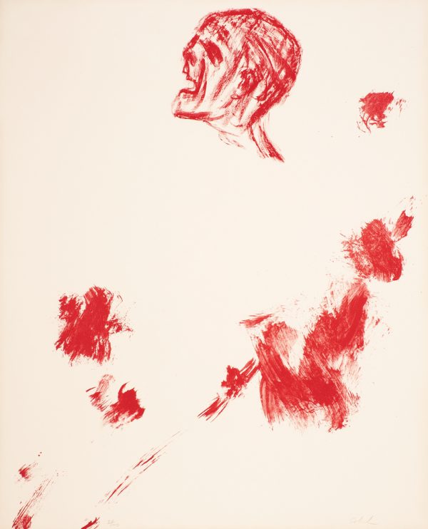 The image is in red ink of a man whose body is reduced to a few brush strokes but his head is more fully drawn in profile with an open mouth, displaying anger or painches